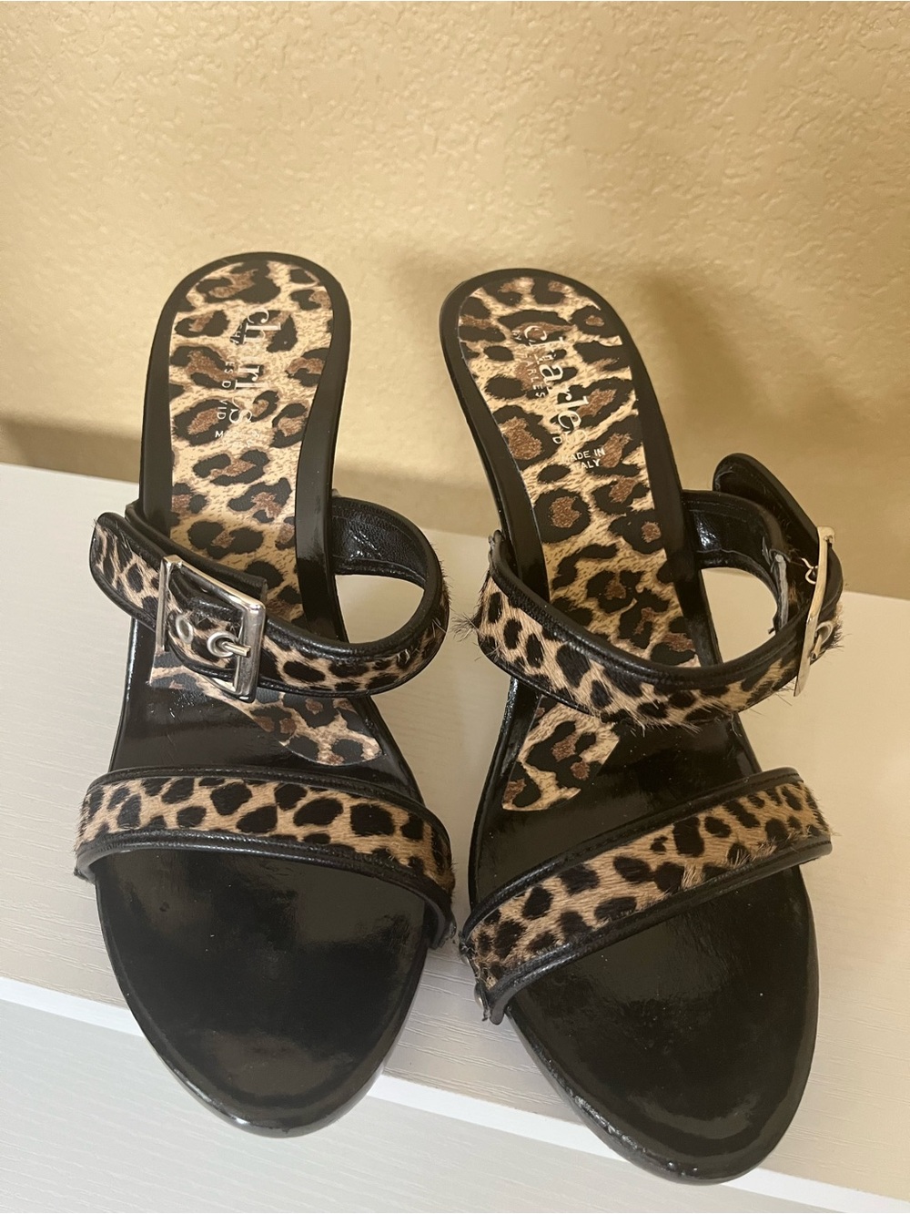 Charles David Leopard Print Strappy Heels - Black and Tan